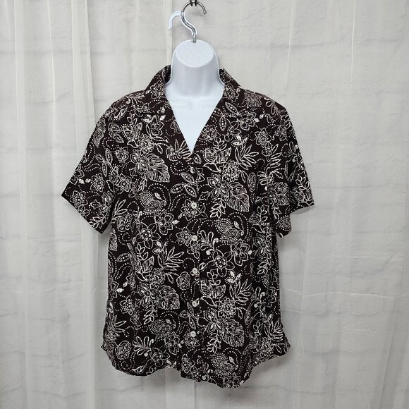 Brown White Floral Button Down Blouse Casual Boho Beach Summer 1X 16W - Picture 1 of 10